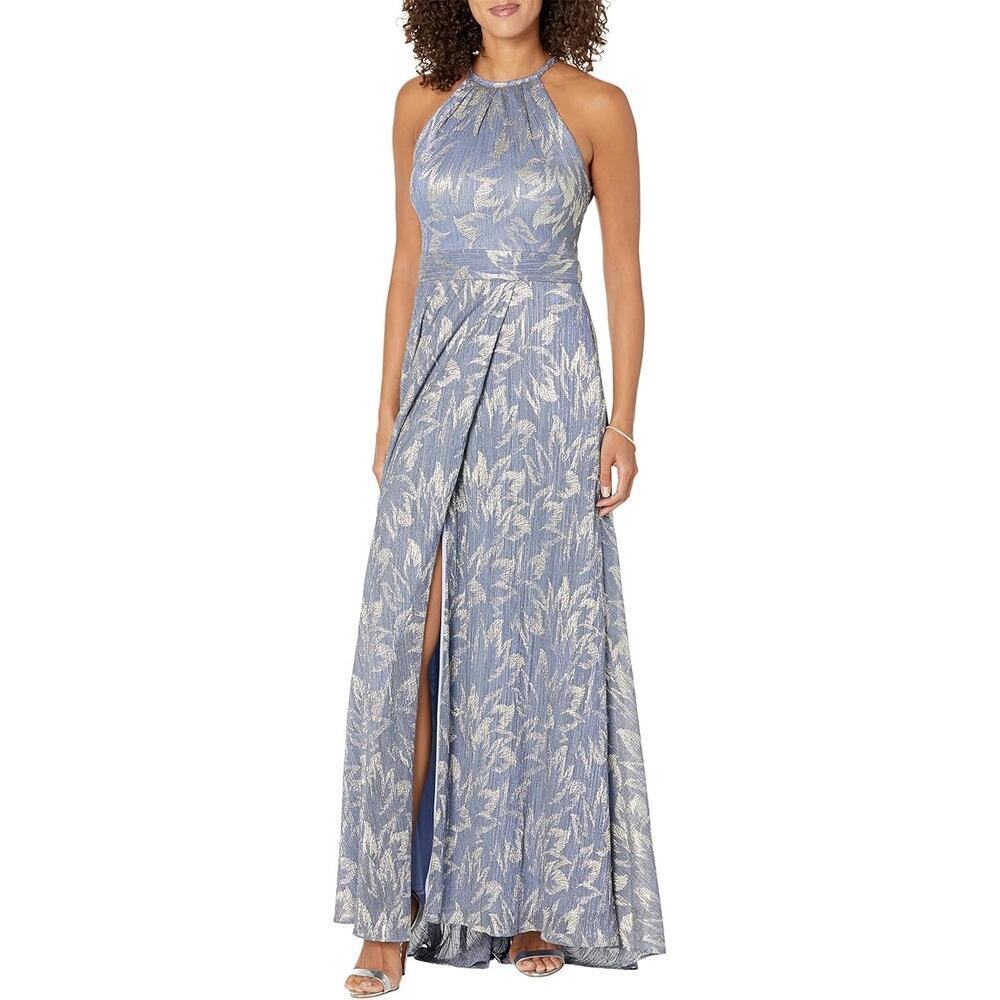 Betsy & Adam Long Foil Print Halter maxi Dress Sleeveless Steel/Gold Size 2 NWT